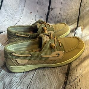 Sperry Top-Sider Ivyfish Boat Shoes Tan Olive 3 Eye Canvas Corduroy Green Sz 7.5